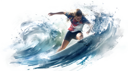 Athletic young woman carving intensely on a surfboard inside a massive blue ocean wave demonstrating extreme water sport skill and dynamic movement