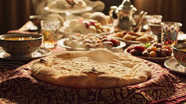 Traditional iftar meal preparation in a cozy kitchen with various dishes and flatbread on a decorative tablecloth.