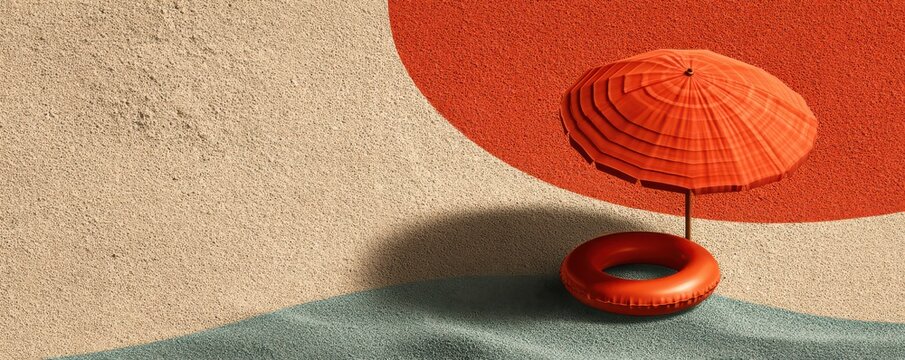 Minimalist composition with a red umbrella and inner tube on textured sand - Powered by Adobe