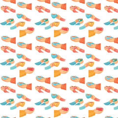 WebA seamless flat illustration pattern shows multiple hands in colorful sleeves holding steaming cups of tea and coffee, creating a cozy and cheerful repeating design.