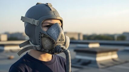 An armed military soldier wearing a protective gas mask and helmet carries a rifle for safety and protection against danger in a war zone