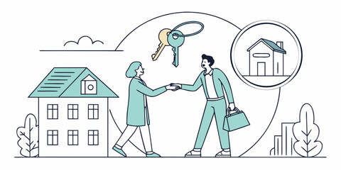 Real estate transaction concept with people shaking hands and house