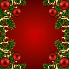 Festive red background with christmas ornaments ribbons and evergreen branches