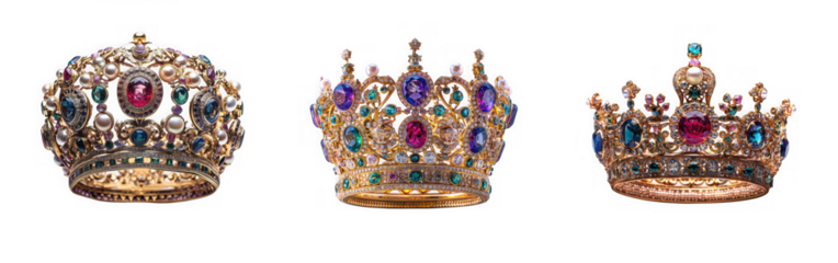 three ornate golden crowns adorned with jewels and pearls a regal display on transparent background