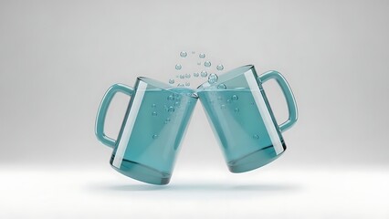 Two blue translucent glass mugs clinking with bubbles and splashing liquid in 3D style