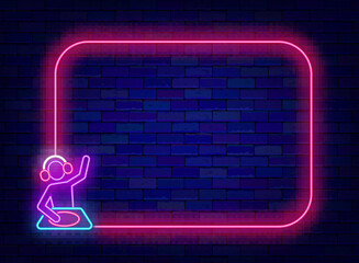 DJ party neon banner. Night club announcement. Empty pink frame and DJ. Dance event. Copy space. Editing text. Vector stock illustration
