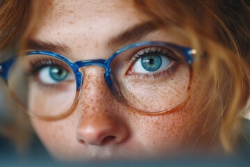 Close-up of blue glasses reflecting an office worker with vibrant blue eyes and freckles