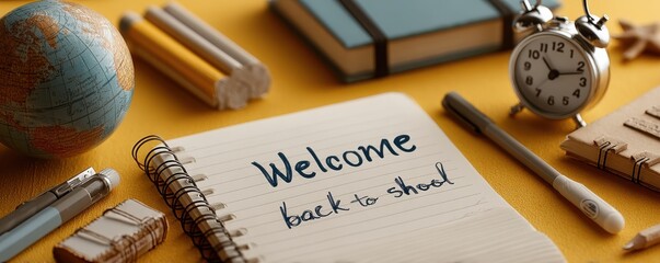 Back-to-school concept with supplies on a yellow background