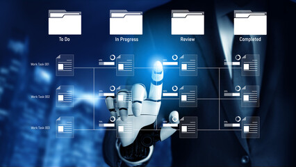 AI managing task workflow system, tracking document progress, analyzing productivity levels, and automating the status flow across structured project stages. Vouch