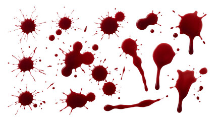 Realistic Red Blood Splatter Collection with Drips and Stains isolated PNG with Transparent Background