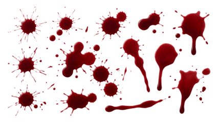 Realistic Red Blood Splatter Collection with Drips and Stains isolated PNG with Transparent Background