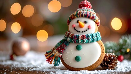 Festive Snowman Cookie with Colorful Scarf and Hat on Snowy Surface with Bokeh Lights