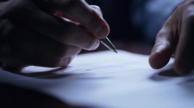 Man hesitating before signing important contract document