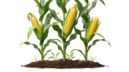 Healthy young corn plants with ripe yellow ears growing in fertile soil isolated PNG with Transparent Background
