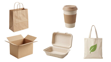 Collection of Eco-Friendly Packaging Product Shots: Kraft Paper Bag, Compostable Container, Coffee Cup, Cardboard Box, Canvas Tote Bag isolated PNG with Transparent Background