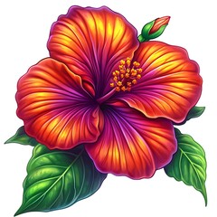 Vibrant Hibiscus Flower with Bud and Leaves