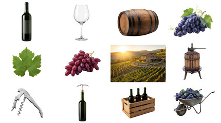 Collection of isolated wine and winemaking objects including bottles, grapes, barrel, glass, corkscrew, and vineyard landscape isolated PNG with Transparent Background