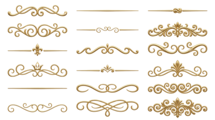 Elegant Golden Ornate Flourish Dividers Set Isolated Vector Graphic isolated PNG with Transparent Background