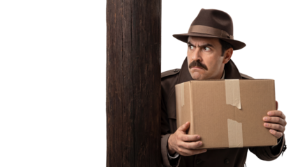 Suspicious Man in Hat and Trench Coat Peeking with Cardboard Box isolated PNG with Transparent Background