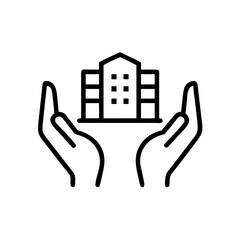 Simple black and white vector icon of hands holding apartment building for property protection
