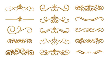 Set of Golden Elegant Vintage Calligraphic Flourish Dividers and Scroll Ornaments isolated PNG with Transparent Background