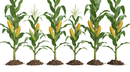 Row of five healthy corn plants with ripe yellow cobs in soil isolated PNG with Transparent Background