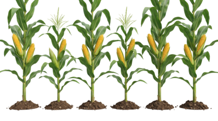 Row of five healthy corn plants with ripe yellow cobs in soil isolated PNG with Transparent Background