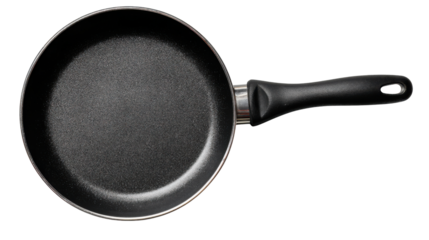 Black non-stick frying pan, kitchen cookware utensil, cooking food preparation, top view, transparent background