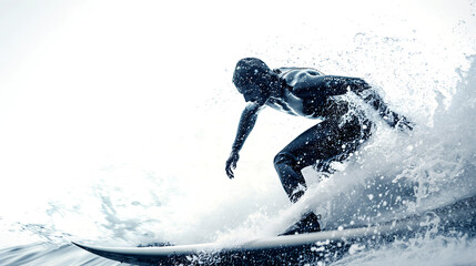 Dynamic full body shot of a determined surfer skillfully carving a powerful ocean wave while kicking up a dramatic splash of white water spray