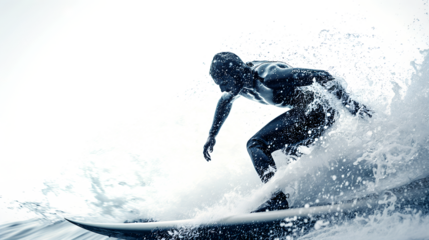 Dynamic full body shot of a determined surfer skillfully carving a powerful ocean wave while kicking up a dramatic splash of white water spray