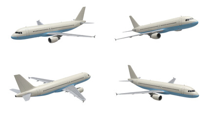 Set of Four Modern Commercial Passenger Jet Airplanes in Different Poses isolated PNG with Transparent Background