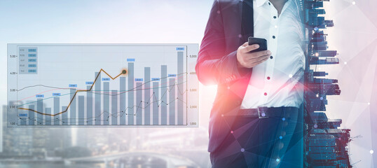 A businessman stands with a smartphone, surrounded by a graph depicting financial growth against a modern urban landscape, highlighting data-driven decision-making. Scalp