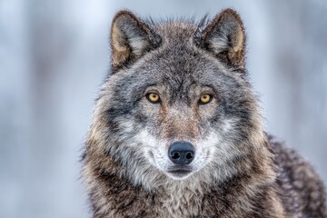 Obraz premium Close up portrait of a grey wolf with intense gaze and detailed fur