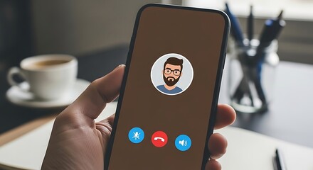 Hand holding smartphone with video call on screen in office