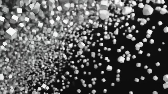 A monochromatic image depicts numerous, irregularly shaped objects against a dark background