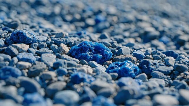 Close-up of blue and gray rocks with some iridescent blue rocks scattered, blurred background, sunny