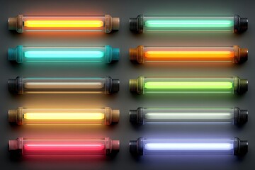 Colorful neon light tubes display in a grid, modern glass fixtures for interior lighting