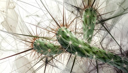 Dramatic low-angle view of a spiky green cactus with an abstract, web-like background.