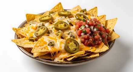 Delicious nachos with melted cheese jalapenos and salsa