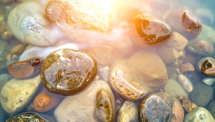 Sunlit Smooth River Stones Submerged in Clear Water