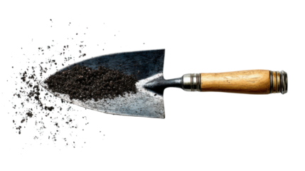 Hand trowel moving soil, working in the garden, planting and cultivating, preparing for growth, clear background