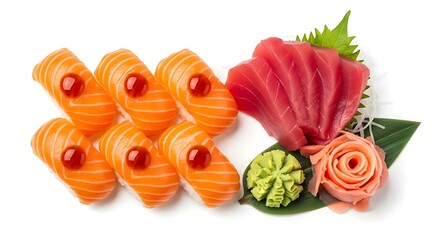Delicious sushi and sashimi with salmon and tuna on a leaf