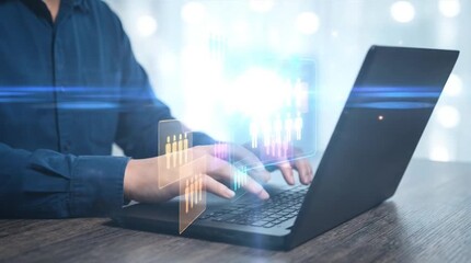 Professional hands typing on laptop, interacting with futuristic glowing digital data interface and abstract analytics projections for business tec... - Powered by Adobe
