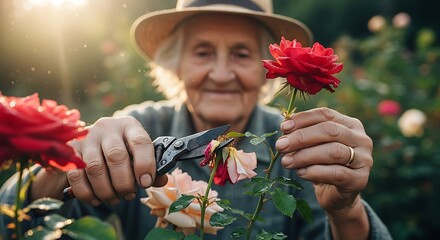 Senior woman pruning roses in garden with shears