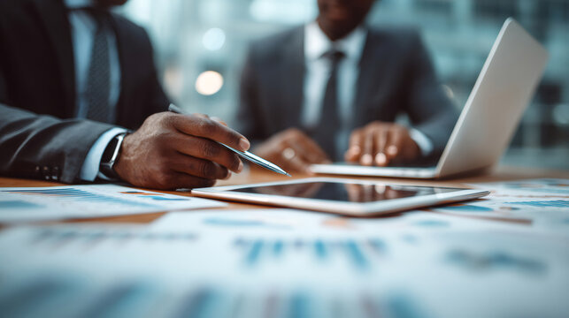 Business professionals analyzing financial data using tablet and reports