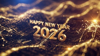 Golden Happy New Year 2026 on Digital Circuit Background