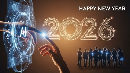 Hands interacting with A I interface and 2026 year numbers