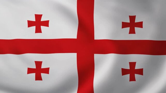 Ultra-realistic full-screen view of the Georgian National Flag (3:2 ratio) gently swaying on a flagpole, cinematic 4K render.