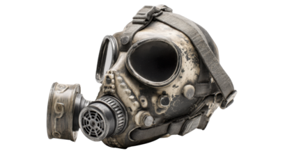 Worn gas mask for survival during apocalypse, pollution, or bioterrorism, isolated on transparent background