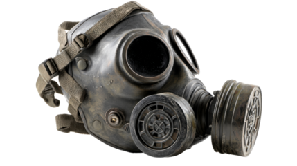 Vintage gas mask protecting against chemical warfare, pollution, and airborne threats, isolated with transparent background